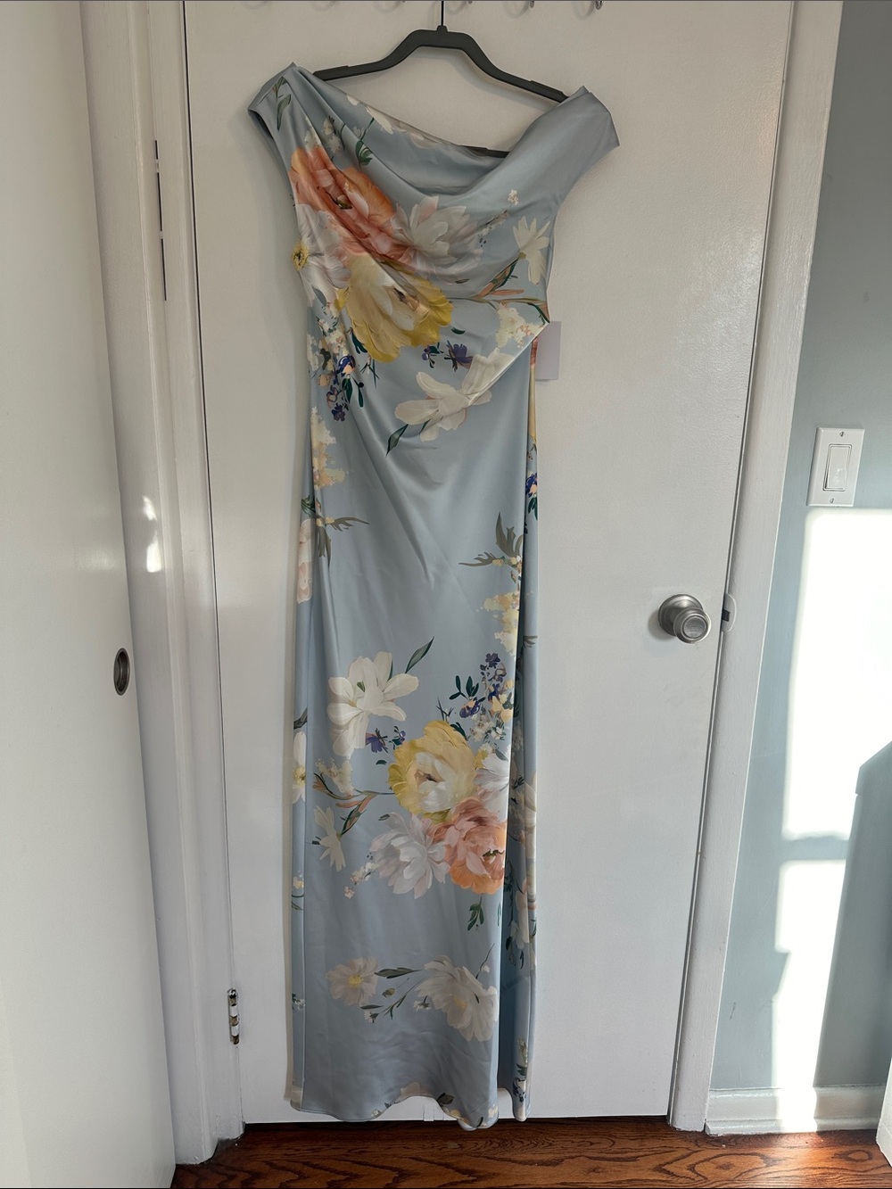 Dessy Collection Light Blue Floral Draped Gown - Picture 4 of 9